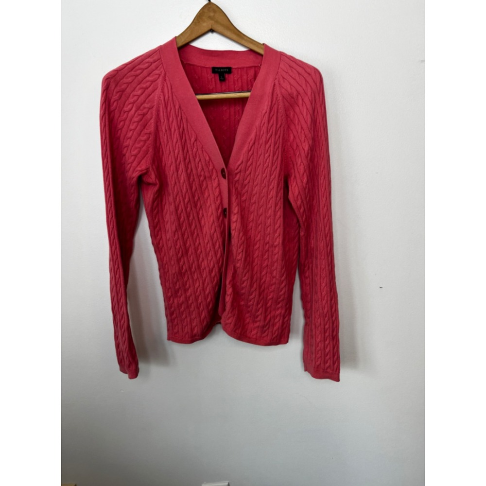 Talbots Womens Coral Pink Cable Knit Cotton V-Neck Button Front Cardigan Size L